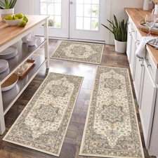 HEBE Boho Kitchen Rug Sets 3 Piece with Runner Non Slip Kitchen Rugs and Mats...