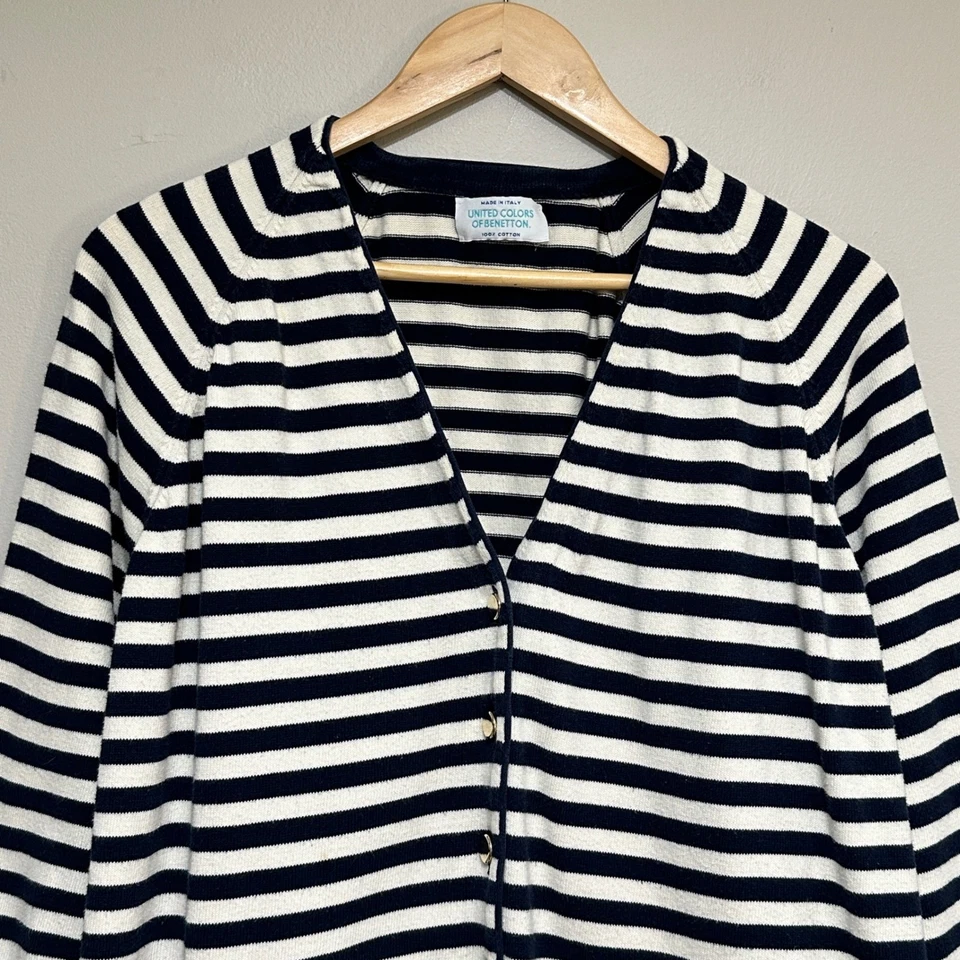 Vintage United Colors of Benetton Striped Cardigan Sweater Womens L Navy Preppy - Image 2 of 4