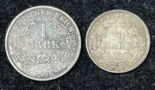 Early Germany 1/2 & 1 Mark 2 Silver Coins Lot Excellent Condition