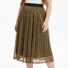 Grace Karin Will Gold Glitter Pleated Midi Skirt Solid Lined Women