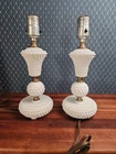 Pair Vintage 3 Tiered Milk Glass Hobnail Table Lamps Fenton Boudoir Mid Century
