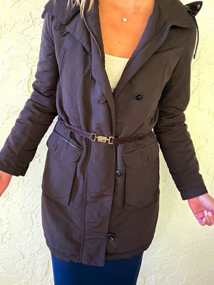 Massimo Dutti Women s Brown Hooded Belted Mid-Length Parka Coat Zip/Button S