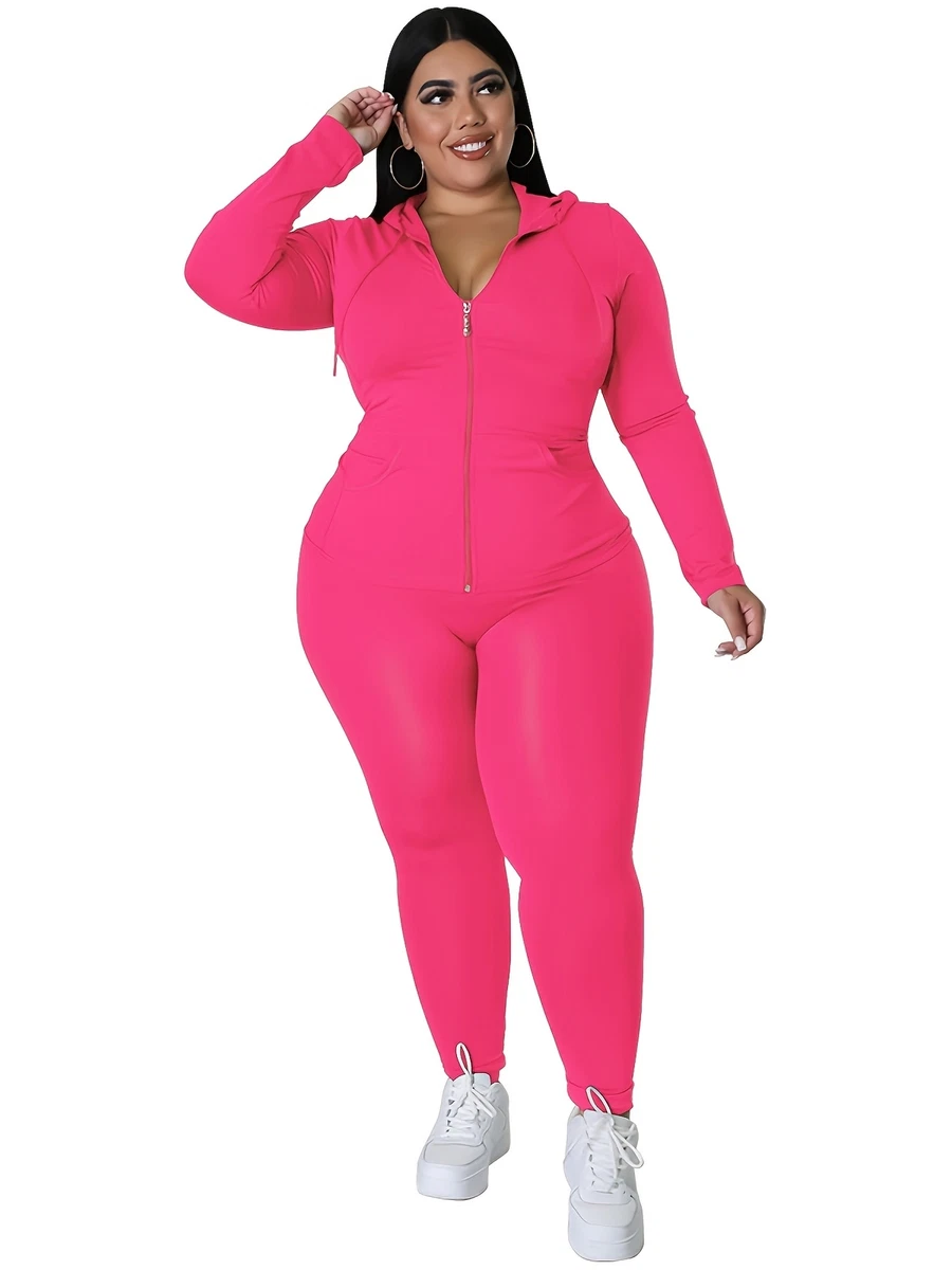 Plus Size Solid Zip Up Hoodie Sweatshirt u0026amp; Pants Set, Womenu0026#039;s Plus  High Stretch] | eBay