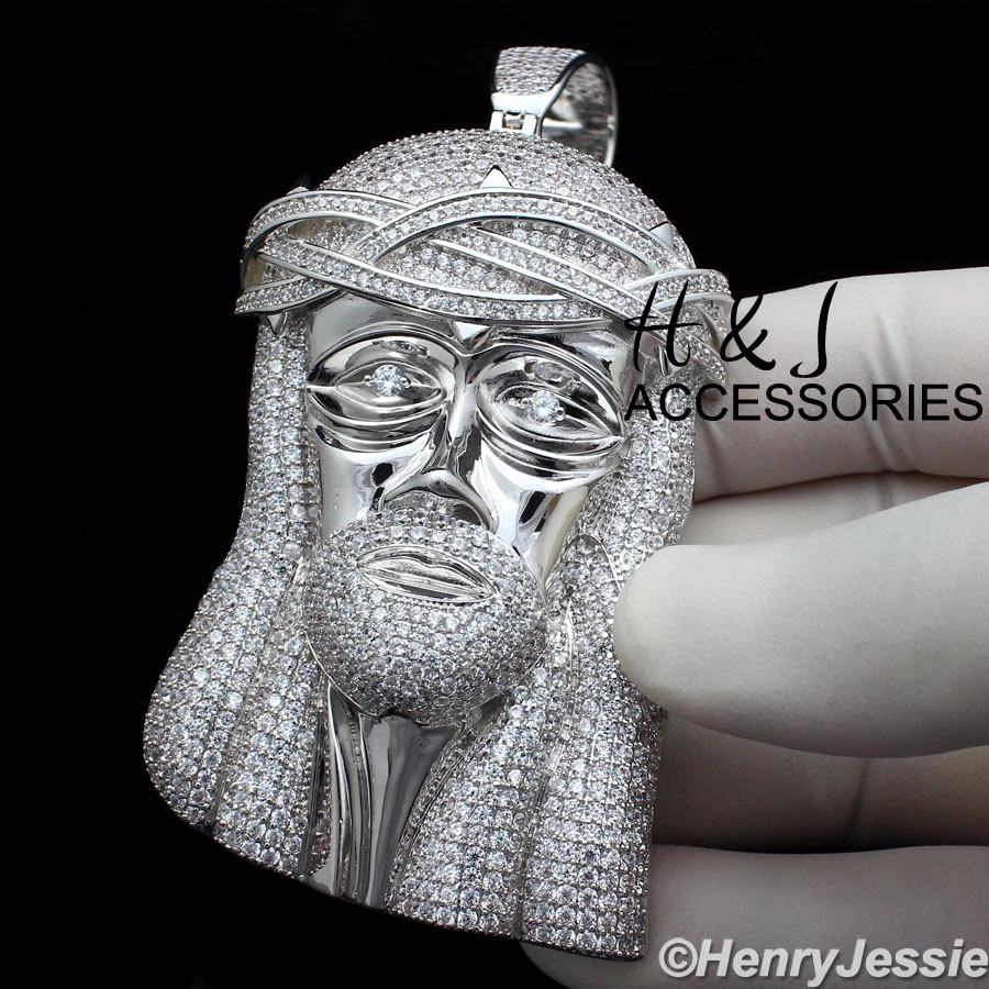 COLGANTE CARA JESÚS PLATA 3D GRAN TAMAÑO BLING CZ CHAPADO EN ORO BLANCO 14K PARA HOMBRE*ABP2 Foto 2 de 4