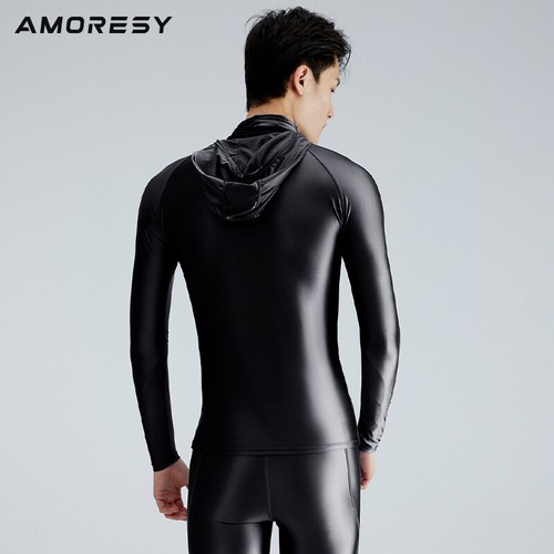 AMORESY Men's Glossy Satin Activewear Tops Long Sleeve Hooded High Neck T-shirts - Picture 5 of 21