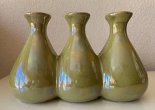 3 Stem Bud Flower Vase Glazed Iridescent Green In Color Home Decor