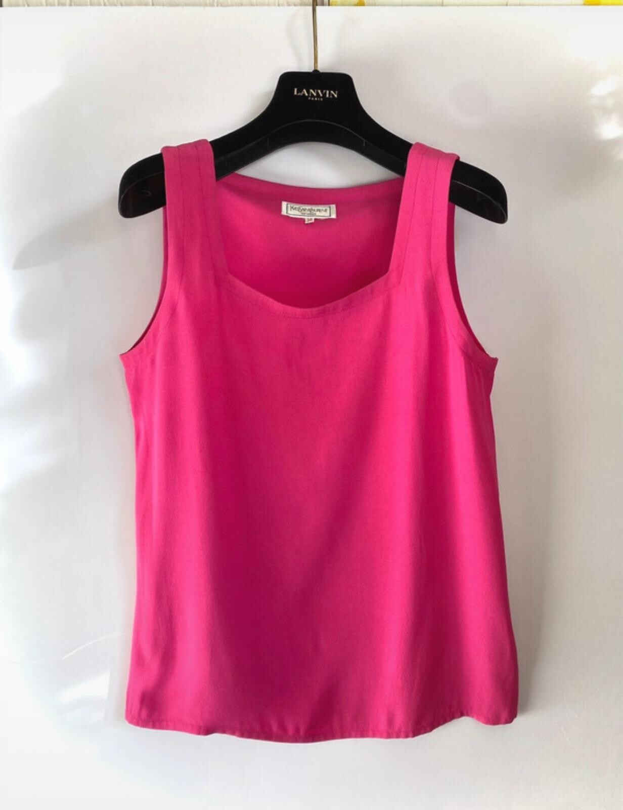 Yves Saint Laurent crepe back satin bright fuchsia square neckline sleevless top