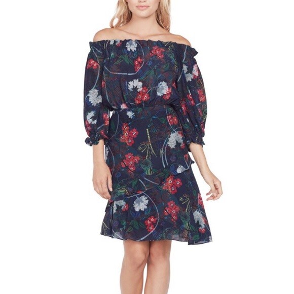 Saloni Grace Dress Floral Off Shoulder Size Ruffle Trim Navy