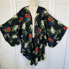 Cejon Black Multicolored Floral Open Front Kimono OSFM