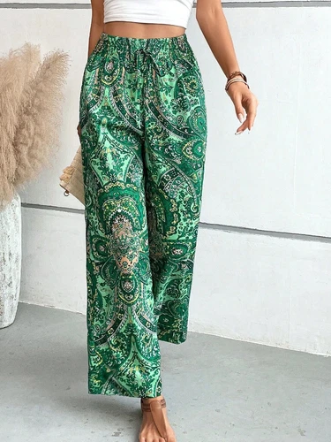 Damen Sommer Mode Blume Elastische Taille Weites Bein Hose- - Bild 19 von 29
