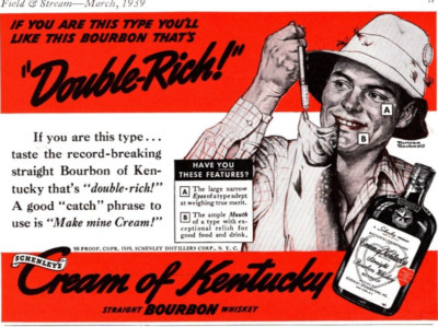 1939 CREAM OF KENTUCKY BOURBON PRINT AD, ''DOUBLE RICH'' , FLY FISHING, ALCOHOL AD