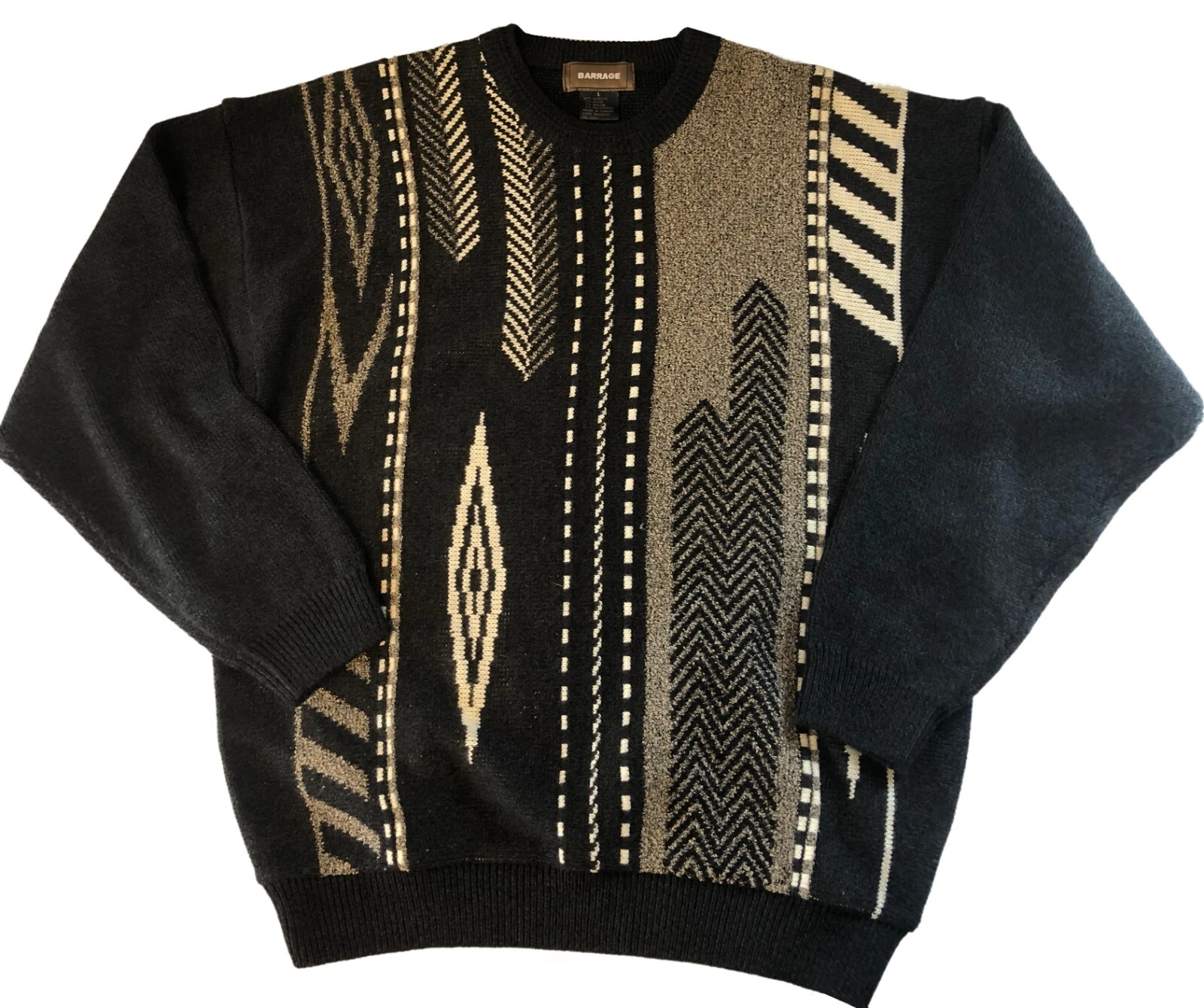 vtg BARRAGE Pullover Sweater Sz L Black Geometric Tribal Southwestern Wool Blend
