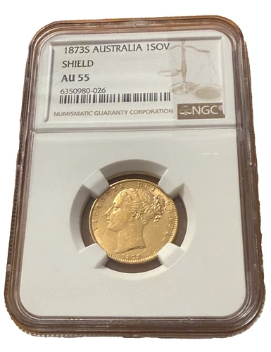 Australia 1873s Gold 1 Sovereign NGC AU55 Shield Victoria