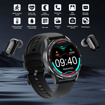 2 in 1 Smart Watch with Earbuds Smartwatch True Wireless Bluetooth Headset Black