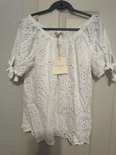 Women  s White Eyelet Top Blouse Scalloped Edge Short Sleeves - 100 Cotton - NWT