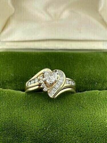 2Ct Heart Cut Simulated Diamond Cluster Engagement Ring 14K Yellow Gold Plated - Picture 3 of 6