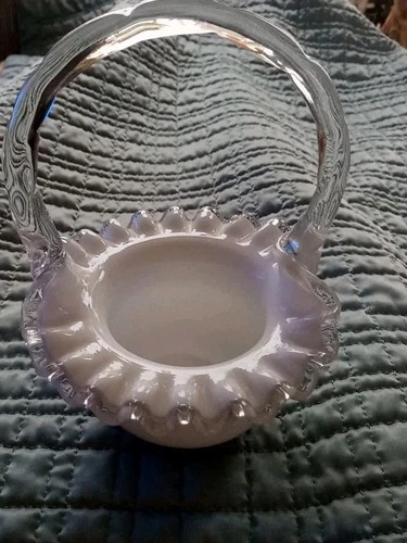Vintage Fenton Silver Crest Milk Glass Basket 5.5" Diam. 7.5" Tall