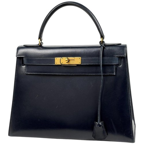 Hermes Kelly 28 Handbag Box Calf Navy Ladies Used