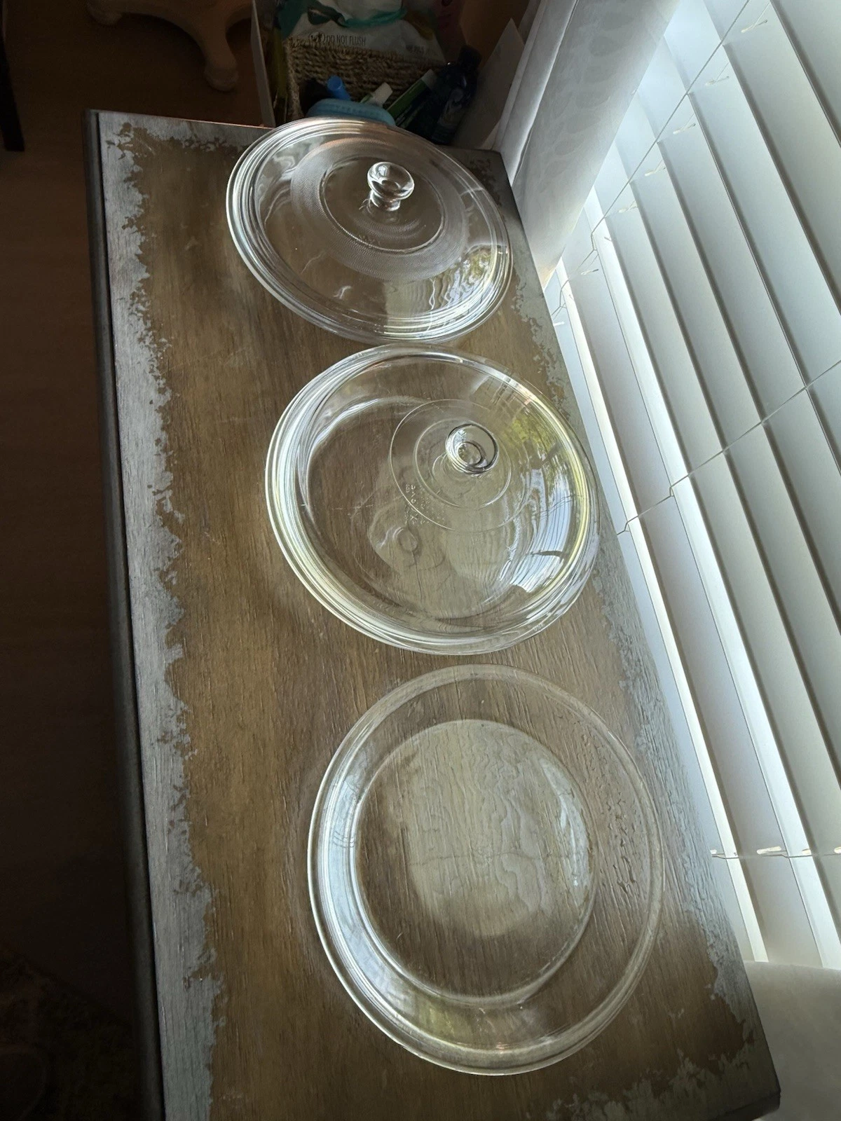 Lot of 3 Vintage PYREX 209 Clear Glass 9" Pie Plates with 2 Lids - Corning NY