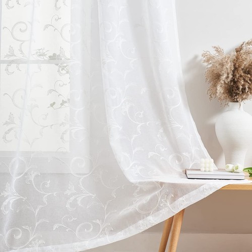Sheer Curtains White 63 Inch Embroidered Floral, Rod Pocket Voile Drapes for ...