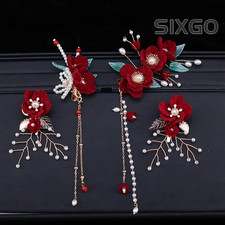 1set Chinese Hanfu Red Flower Hair Clips Hairpins Vintage Headwear Accessories