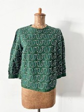 mina perhonen Linen Pullover Blouse ribbon bird Green Exc cond