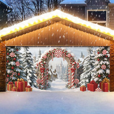 7X16 Ft Christmas Candy Cane Garage Door Banner   Winter Snow Scene Holiday Deco