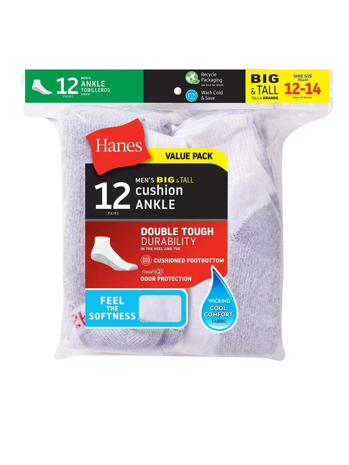 Hanes Men's Double Tough Durability Big & Tall Ankle Socks, 12-Pack