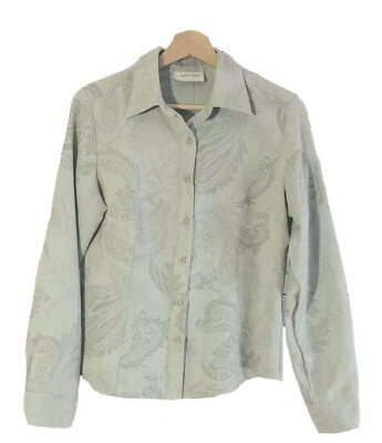 Lemon Grass Button Down Paisley Button Front Top Shirt Faux Suede Green Sz S