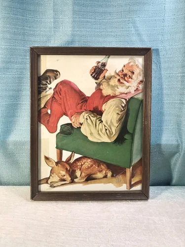 Vintage Circa 1950's Coca Cola Santa Deer Paper Print Ad Sign Framed Christmas