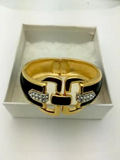 Signed Vintage 80s Cindy Adams Black Gold Enamel Crystal 7 1/2” Bangle Bracelet