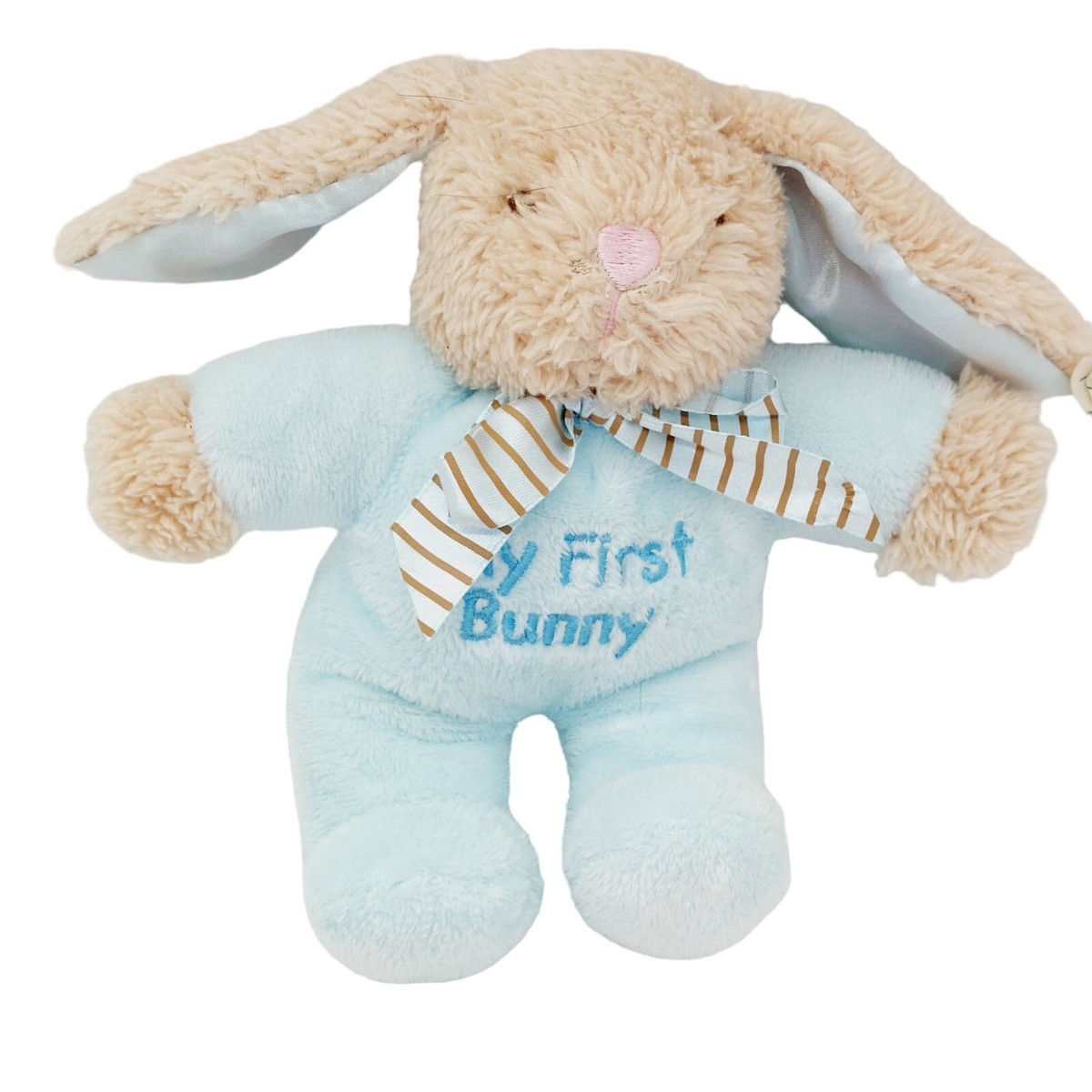 My First Bunny Rabbit Blue Tan Plush Rattle Baby Toy Stuffed