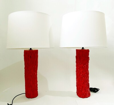 Beautiful Pair Red Table Lamps Lacquer Wood Natural MCM Vintage Unique