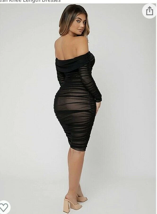 Black Mini Dress - Off Shoulder Bodycon Dress - Mesh Ruched Dress