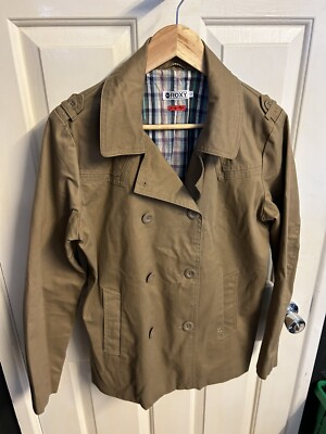 Roxy Ladies Coat Size L - Beige W/ Blue / Pink Plaid Lining Lightweight Outdoor