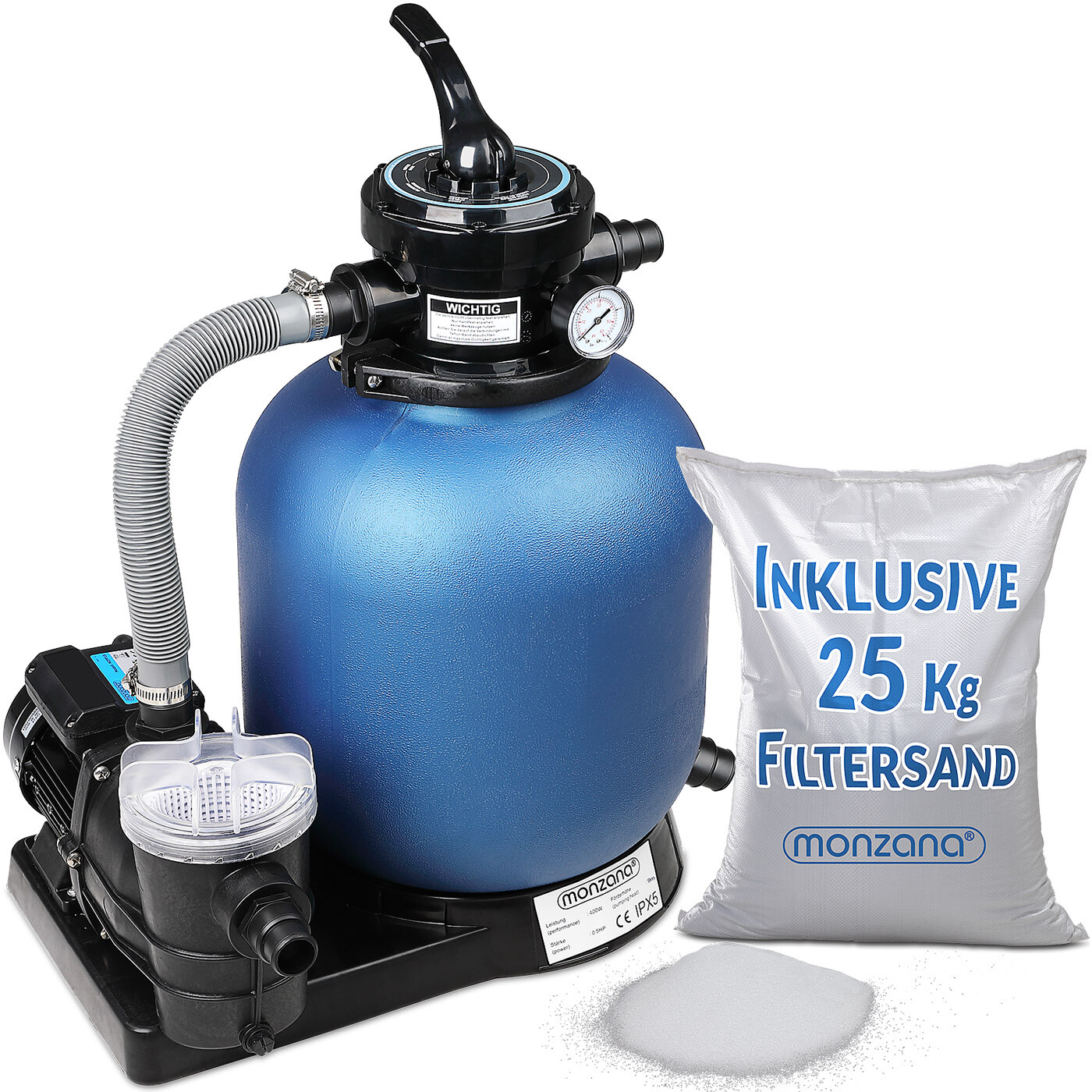 Monzana Sistema De Filtro De Arena 9.960 L/H Prefiltro Vidrio Filtrante Piscina