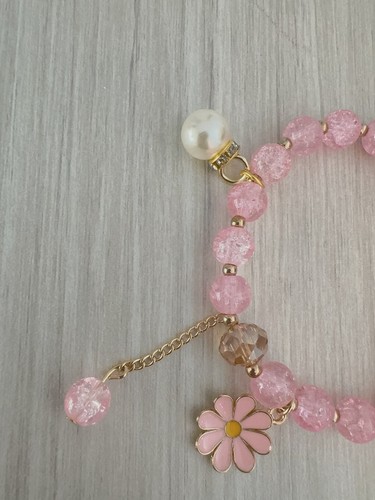 Lucky Wish beads pink crystal beaded stretch bracelet with pink daisy pearl p - Picture 6 of 6