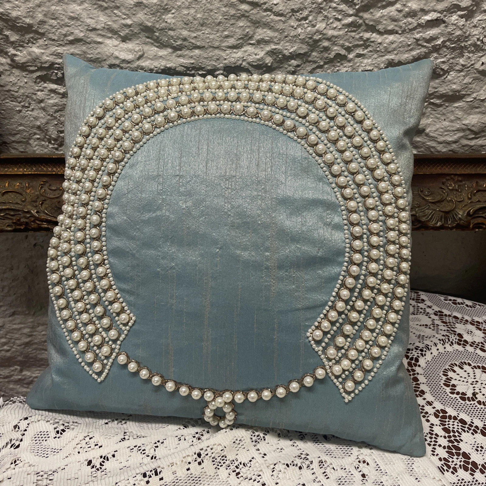 Blue Glam Throw Pillow with Pearls 13” square