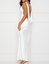 Wedding Bridal Shower Satin Dress Backless Boat Neck Maxi Sleeveless White AM