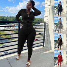 Womens 2Pce Sets Bodycon Long Sleeve Zip Up Hoodie Jacket Jogger Sweat Pants Set