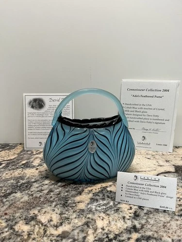 Fenton Glass D. Fetty Pulled Feather Purse  Flower Vase Signed, Limited No.