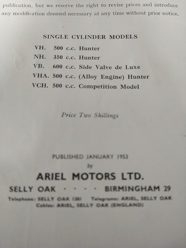 9.2 ARIEL 1953 Single VH NH VB VHA VCH Ersatzteilliste Parts List Burman GB - Picture 2 of 18