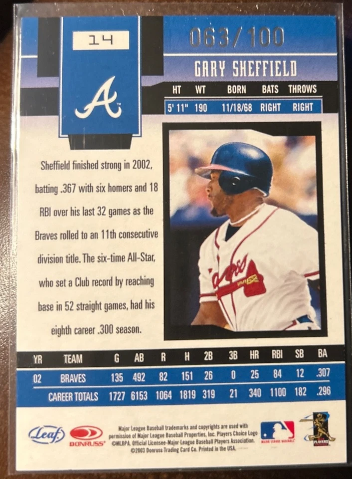 2003 Leaf Certified Materials Mirror Red Gary Sheffield Braves #'d 063/100 - Image 2 of 3