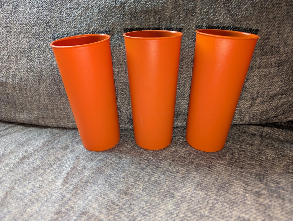 3) Vtg Tupperware 3 Cups Harvest Orange 6” Tall Picnic Tumblers