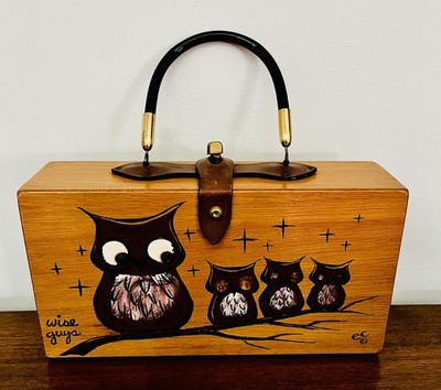 Enid Collins of Texas Vintage 1962 Wooden Box Purse “Wise Guys