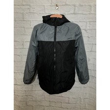Lands End Windbreaker Jacket Boys Youth L 14 Black Gray Hooded removable fleece