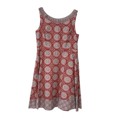 Talbots Geo-Print Fit-and-Flare Dress Women's 8 Petite Red Pink Blue Medallions