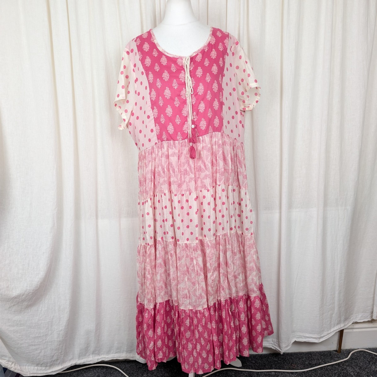 BIBA India Block Print Cotton Tiered Midi Dress BNWT Size 42 UK 14 Pink  White | eBay