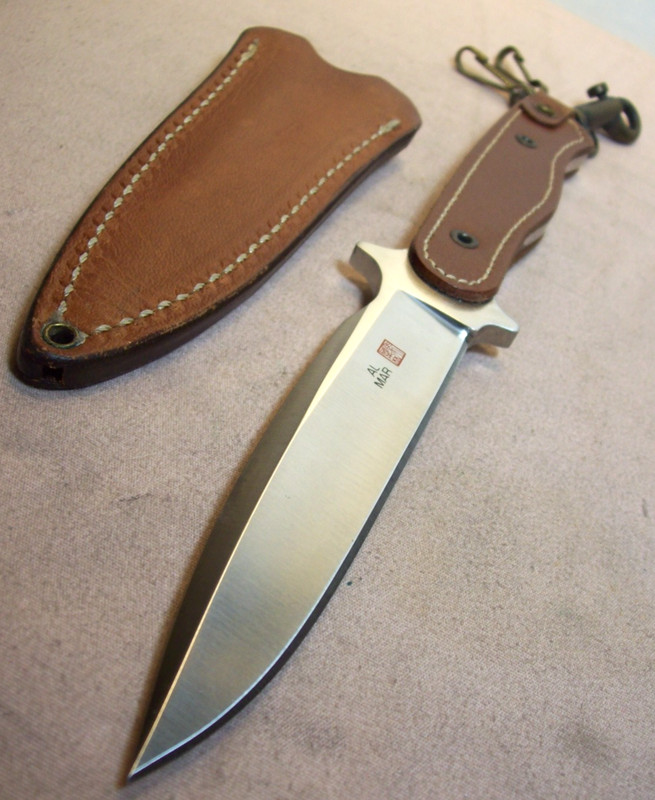 1990's~AL MAR~MINT UNUSED~SMOOTH LEATHER HANDLE FIGHTING KNIFE w/ORIG. SHEATH~