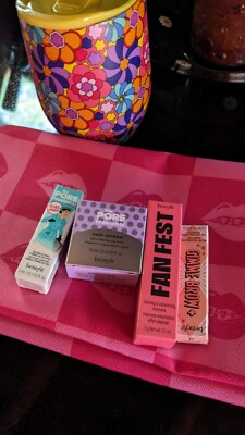 Lot From Benefits  11'' Make-up Bag, Floral Wine Tumbler & (4) Travel Size Items